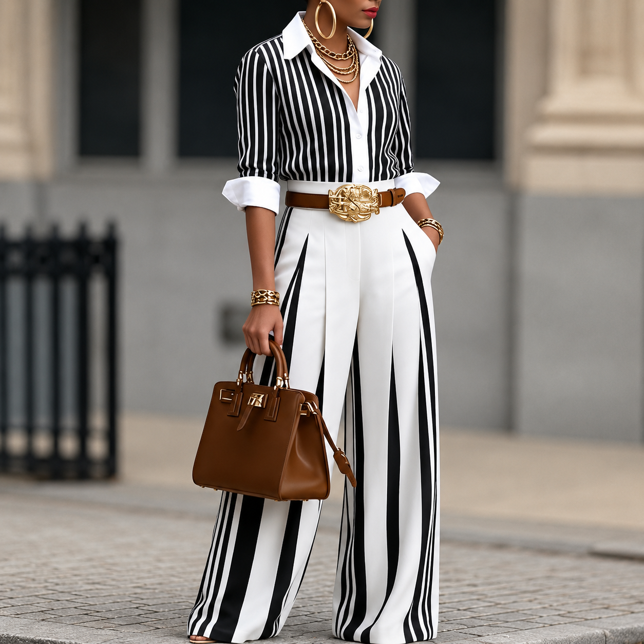 New Arrivals🔥 Women's Striped Shirt and A-Line Trouser Set (with Belt)