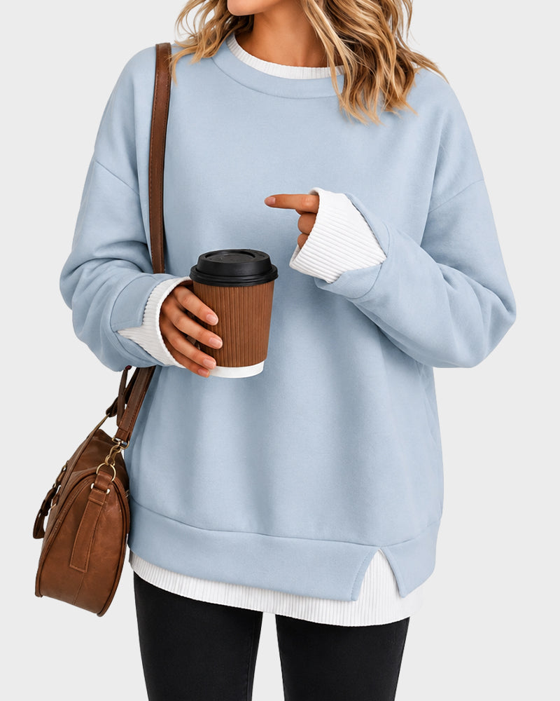 Faux-Layer Rib-Trim Oversized Crewneck Sweatshirt