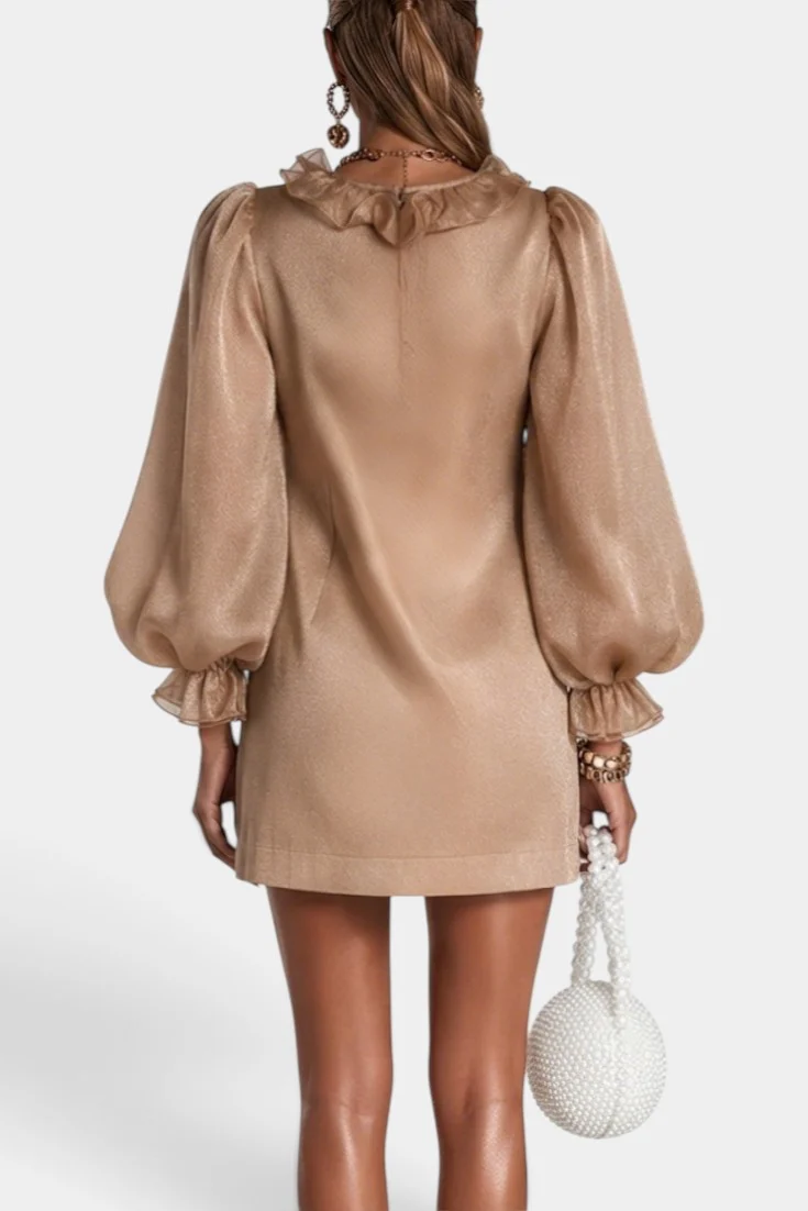 Glamorous Metallic Ruffle Trim V-Neck Mini Dress With Puff Sleeves