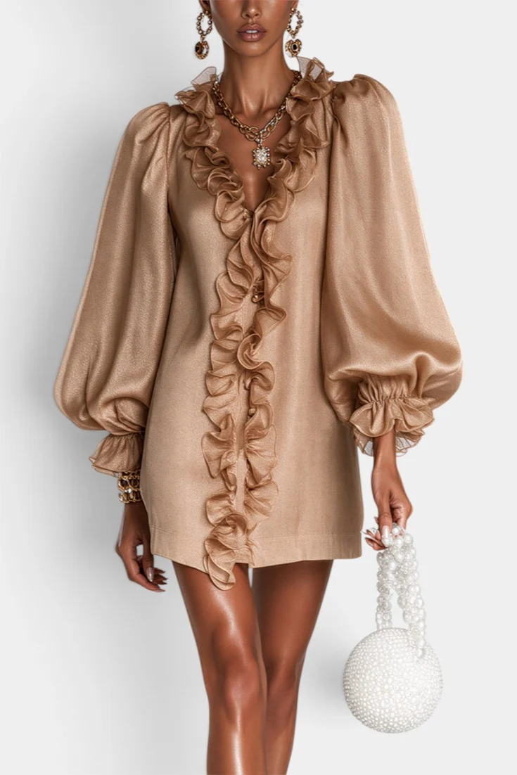 Glamorous Metallic Ruffle Trim V-Neck Mini Dress With Puff Sleeves