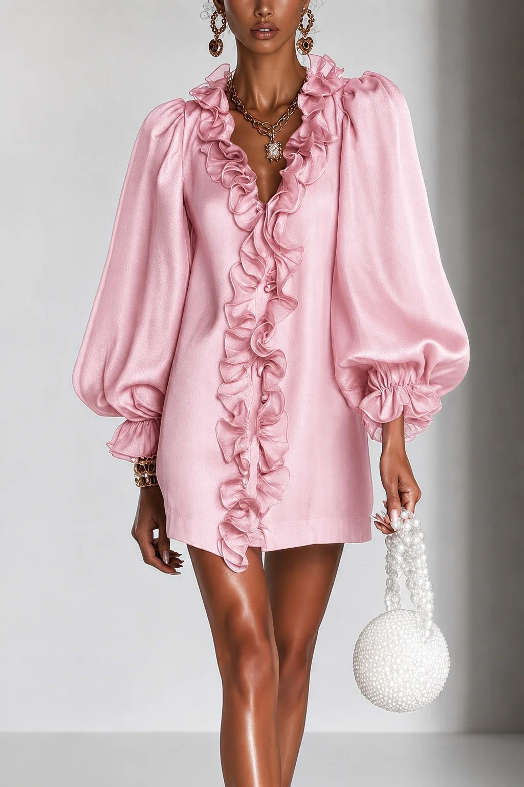 Glamorous Metallic Ruffle Trim V-Neck Mini Dress With Puff Sleeves