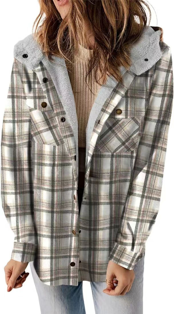 Womens Plaid Shacket Jacket Long Sleeve Fleece Hooded Jackets