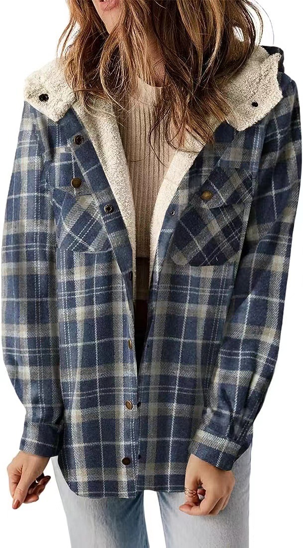 Womens Plaid Shacket Jacket Long Sleeve Fleece Hooded Jackets