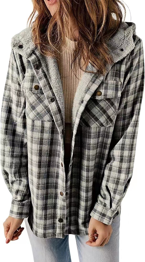 Womens Plaid Shacket Jacket Long Sleeve Fleece Hooded Jackets