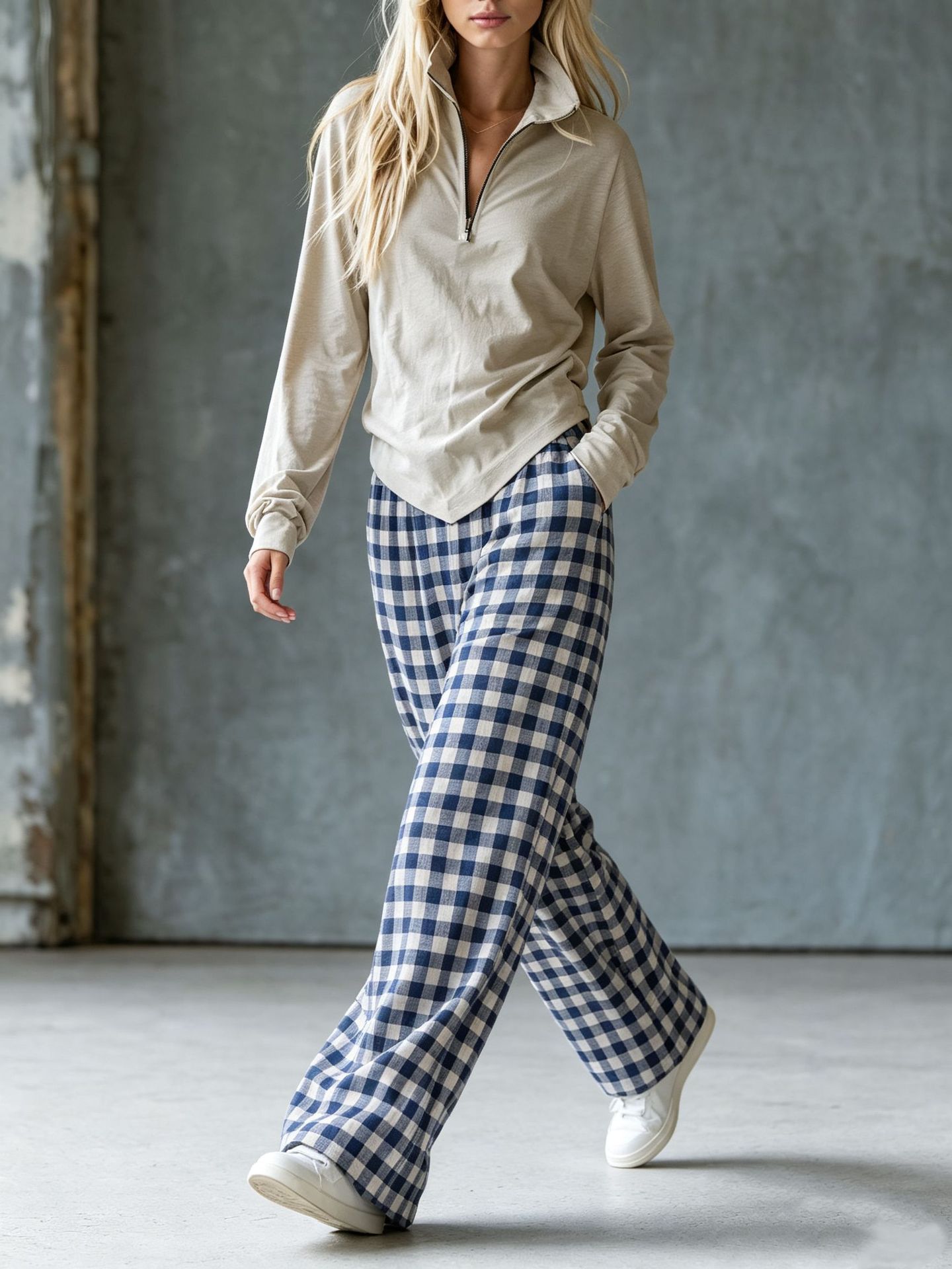 Retro plaid wide-leg pants + fitted V-neck knit top two-piece set