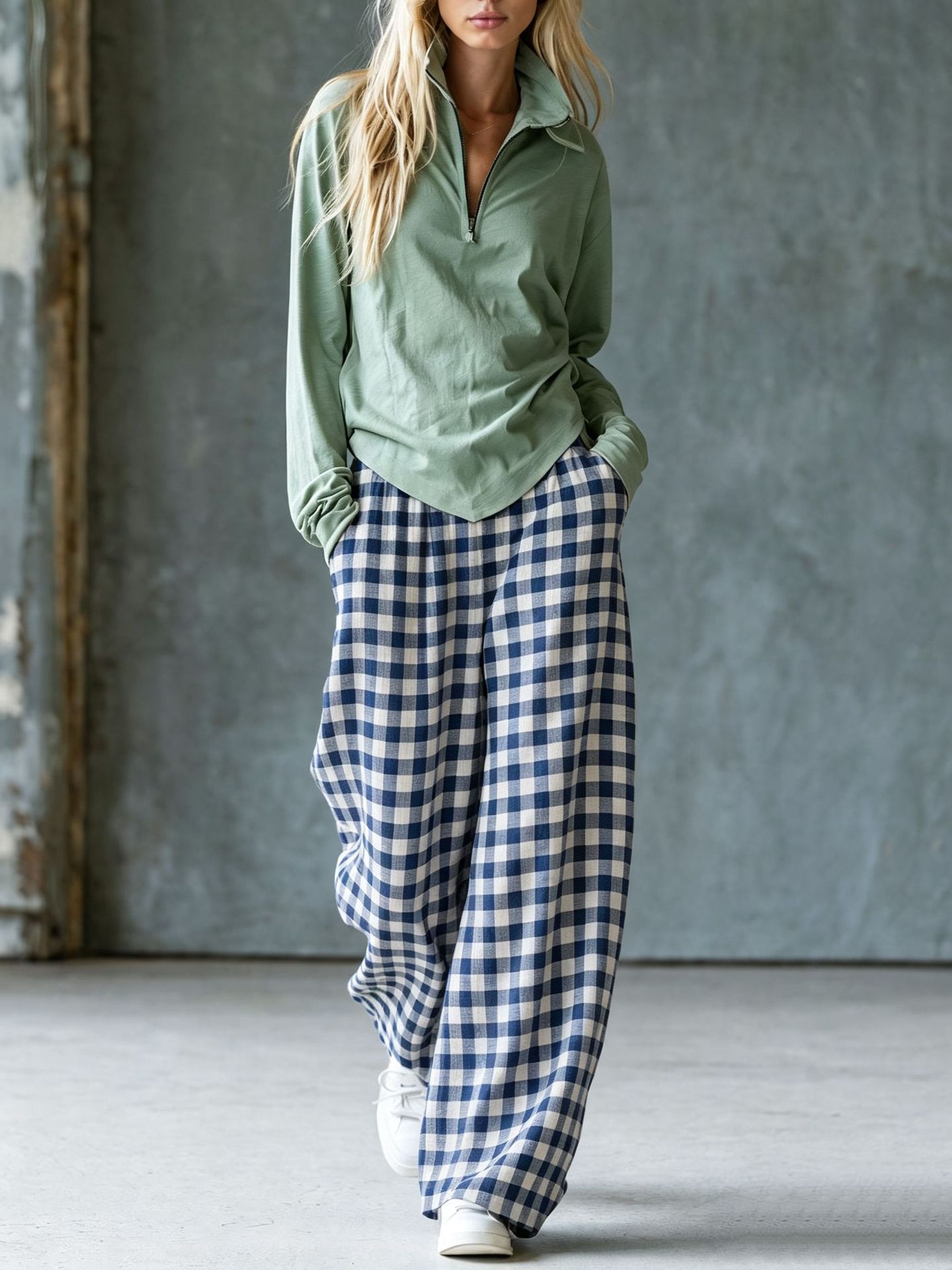 Retro plaid wide-leg pants + fitted V-neck knit top two-piece set