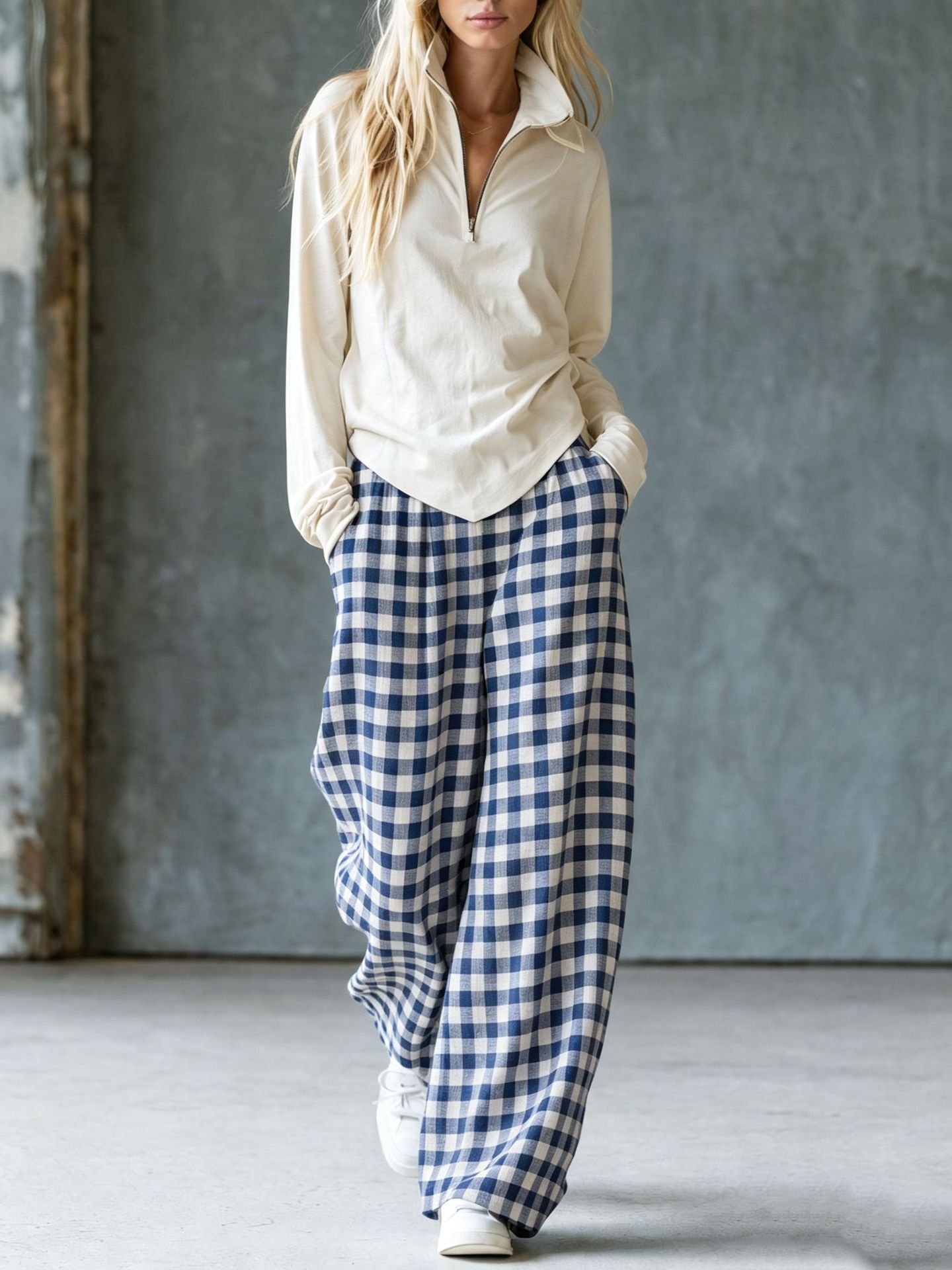 Retro plaid wide-leg pants + fitted V-neck knit top two-piece set
