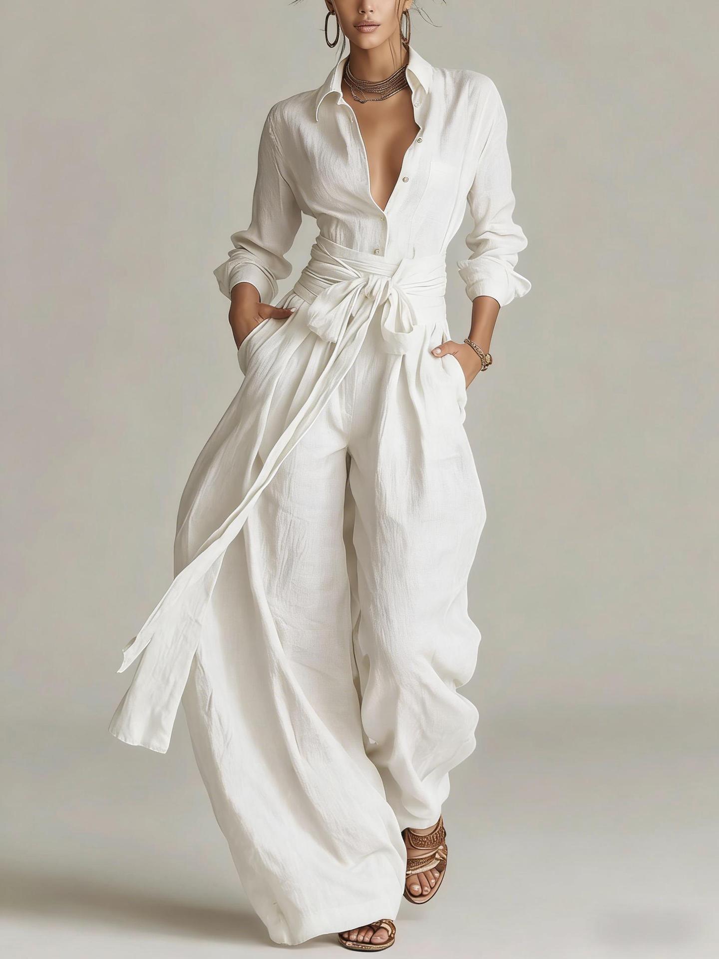 Women's Wide-Leg Cotton-Linen Belted Shirt-Collar Jumpsuit（Free shipping on this product.）