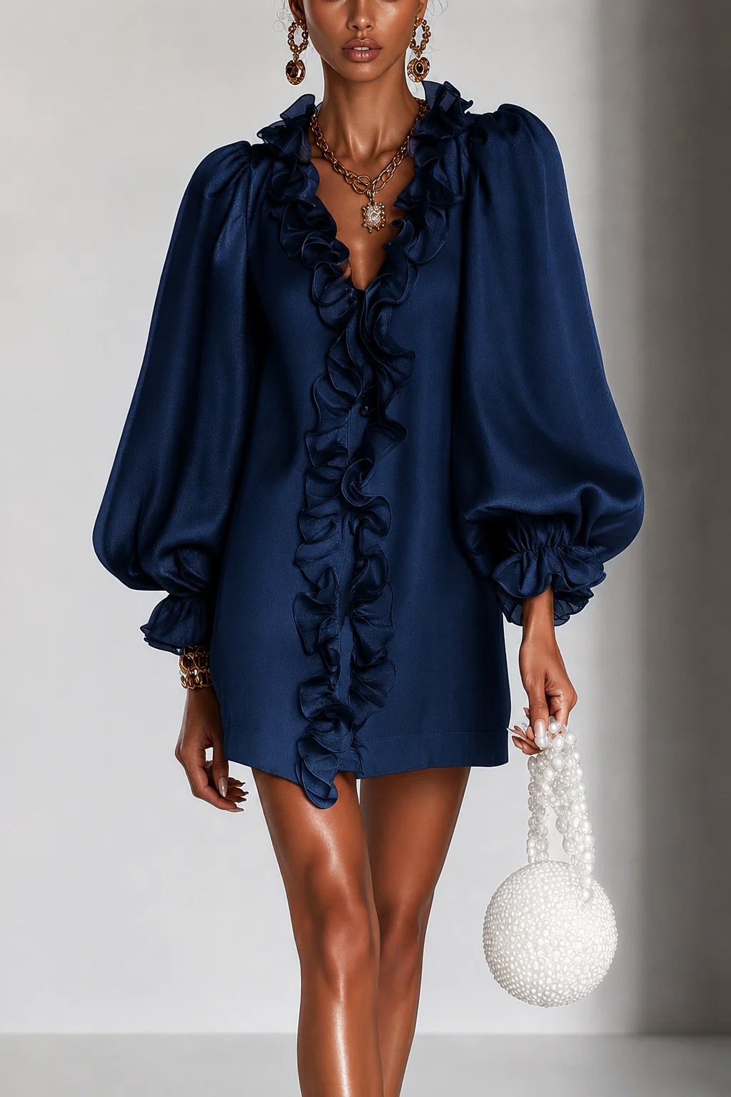 Glamorous Metallic Ruffle Trim V-Neck Mini Dress With Puff Sleeves