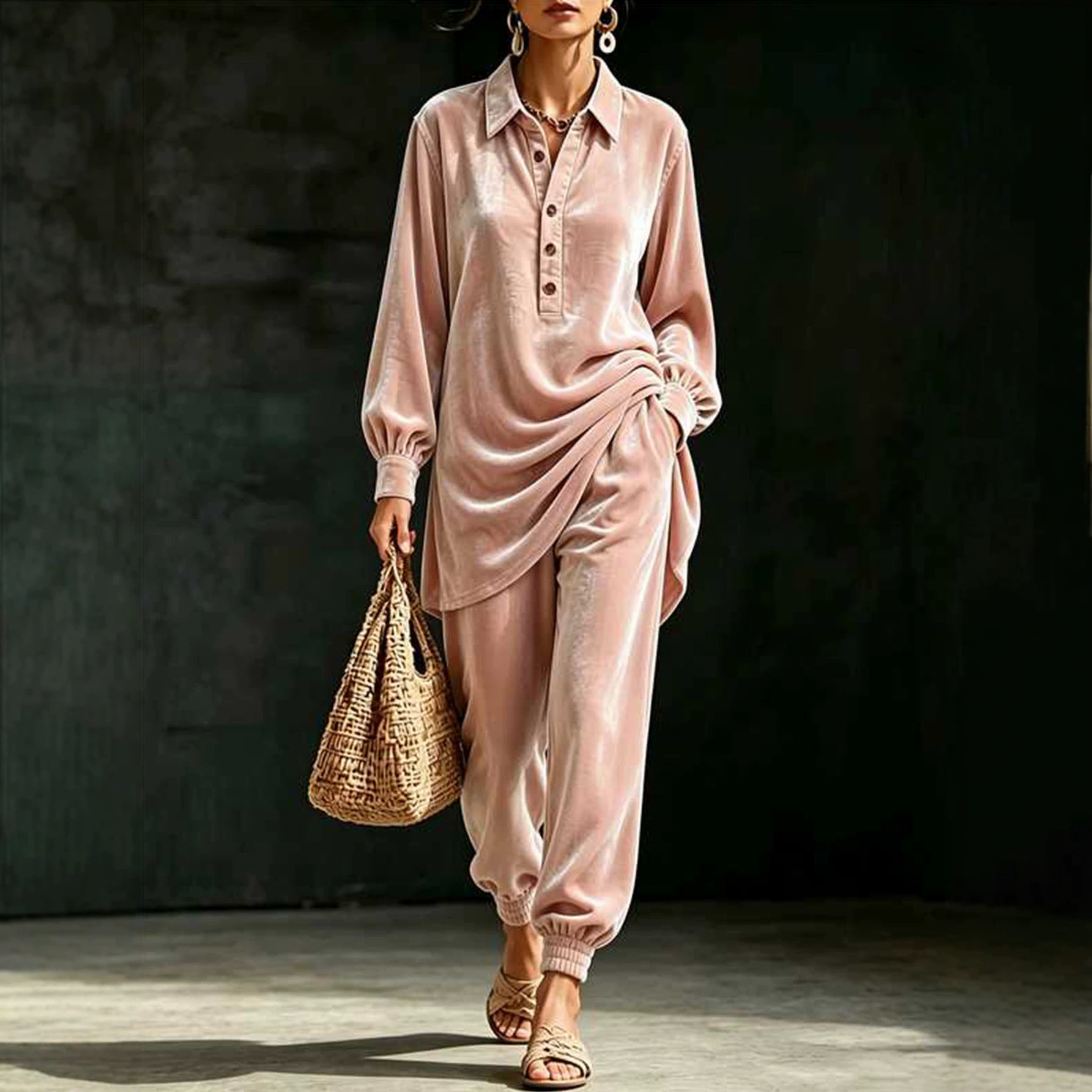 Velvet Button Detail Shirt Neck Top and Elastic Waist Pocket Wide Leg Pants Set
