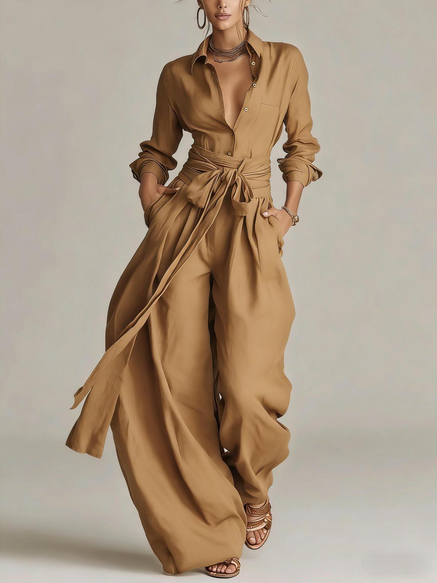Women's Wide-Leg Cotton-Linen Belted Shirt-Collar Jumpsuit（Free shipping on this product.）