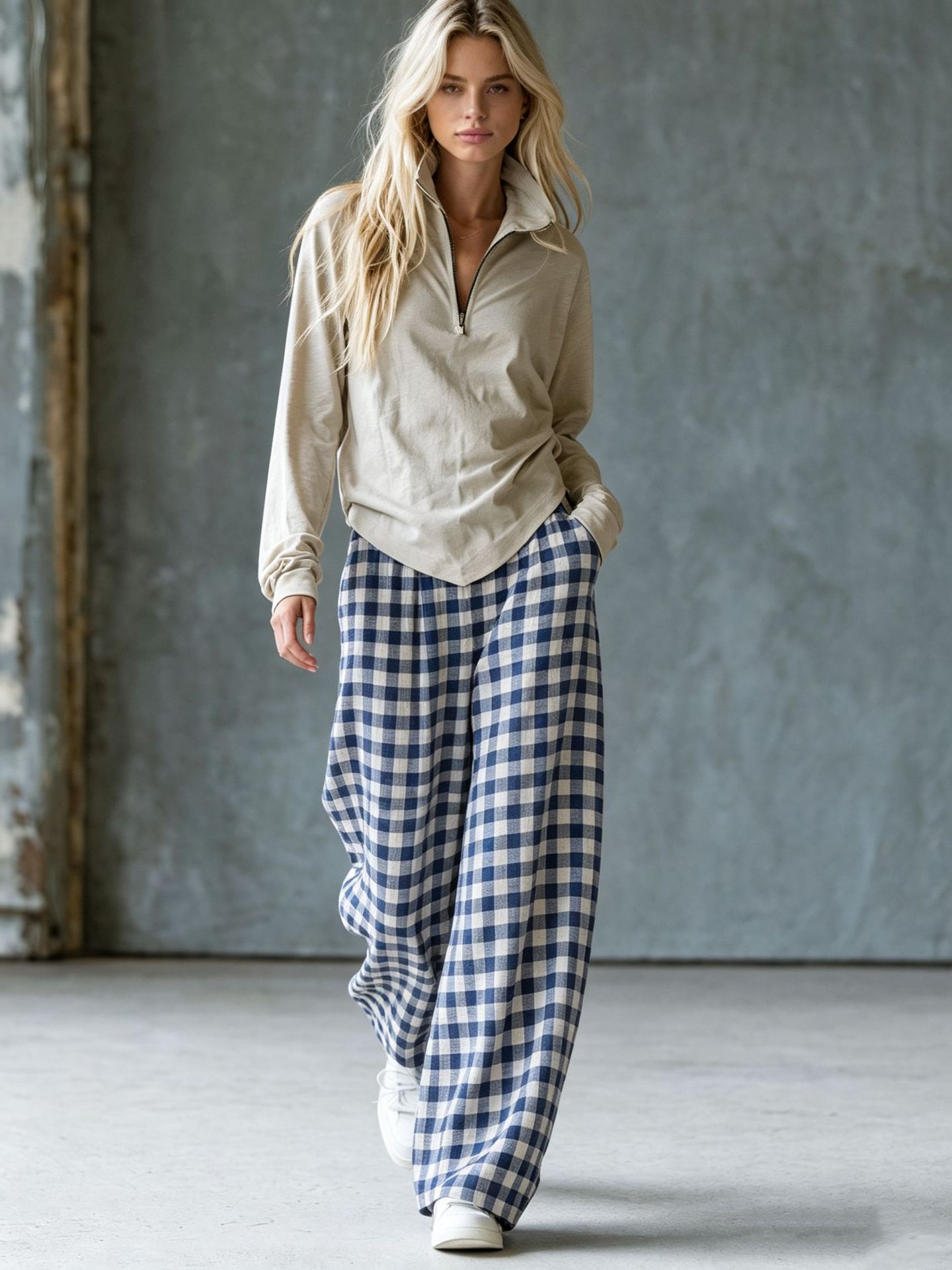 Retro plaid wide-leg pants + fitted V-neck knit top two-piece set