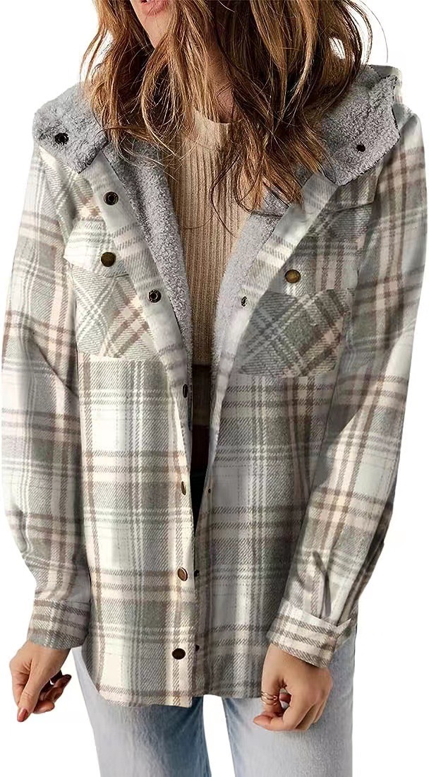 Womens Plaid Shacket Jacket Long Sleeve Fleece Hooded Jackets