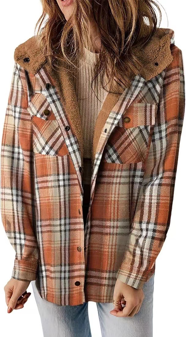 Womens Plaid Shacket Jacket Long Sleeve Fleece Hooded Jackets