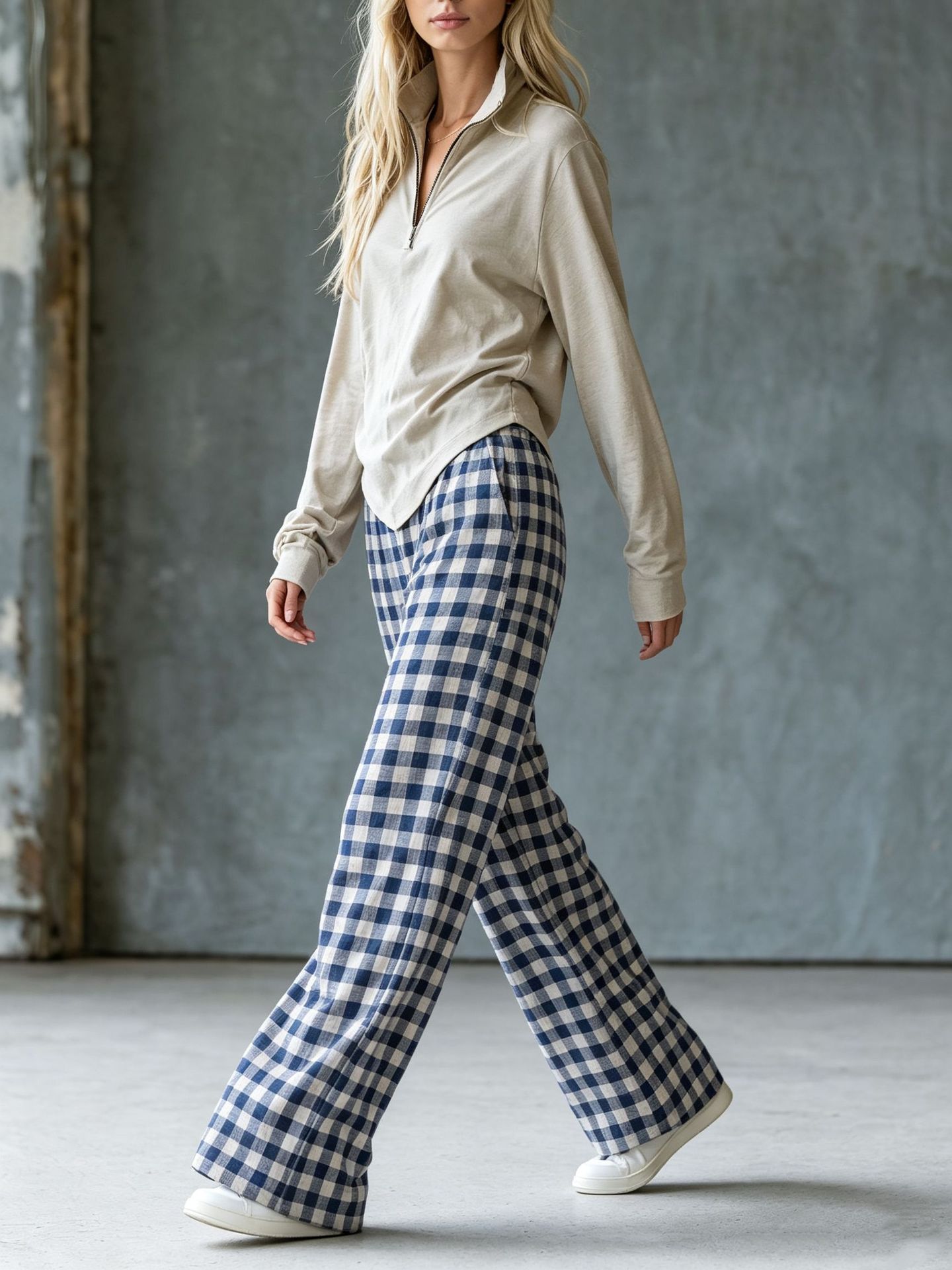 Retro plaid wide-leg pants + fitted V-neck knit top two-piece set