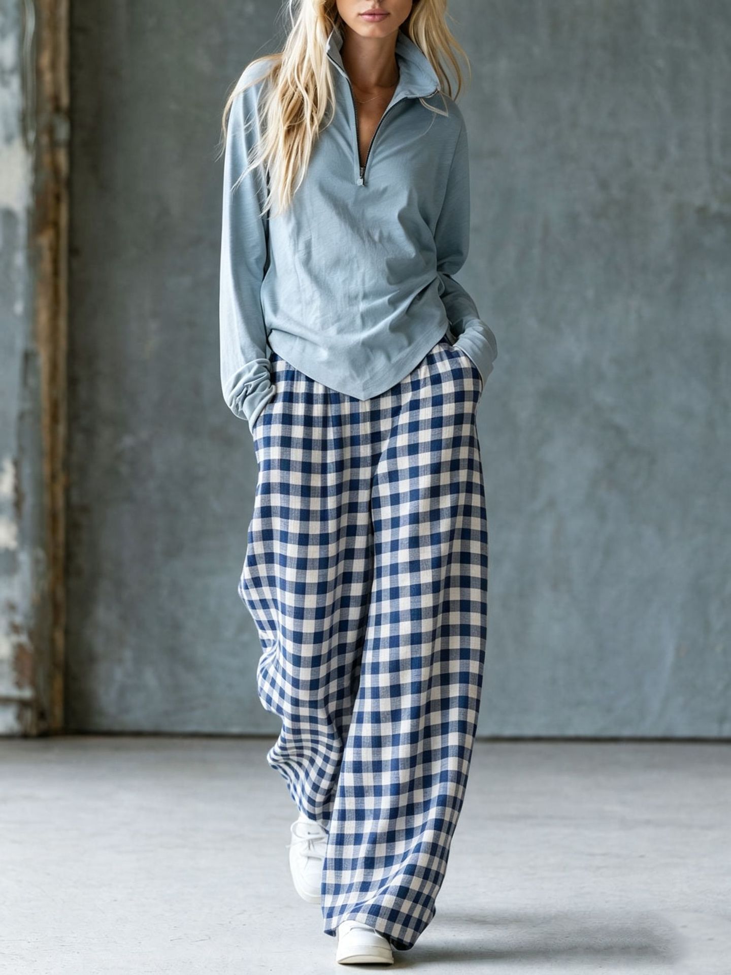 Retro plaid wide-leg pants + fitted V-neck knit top two-piece set