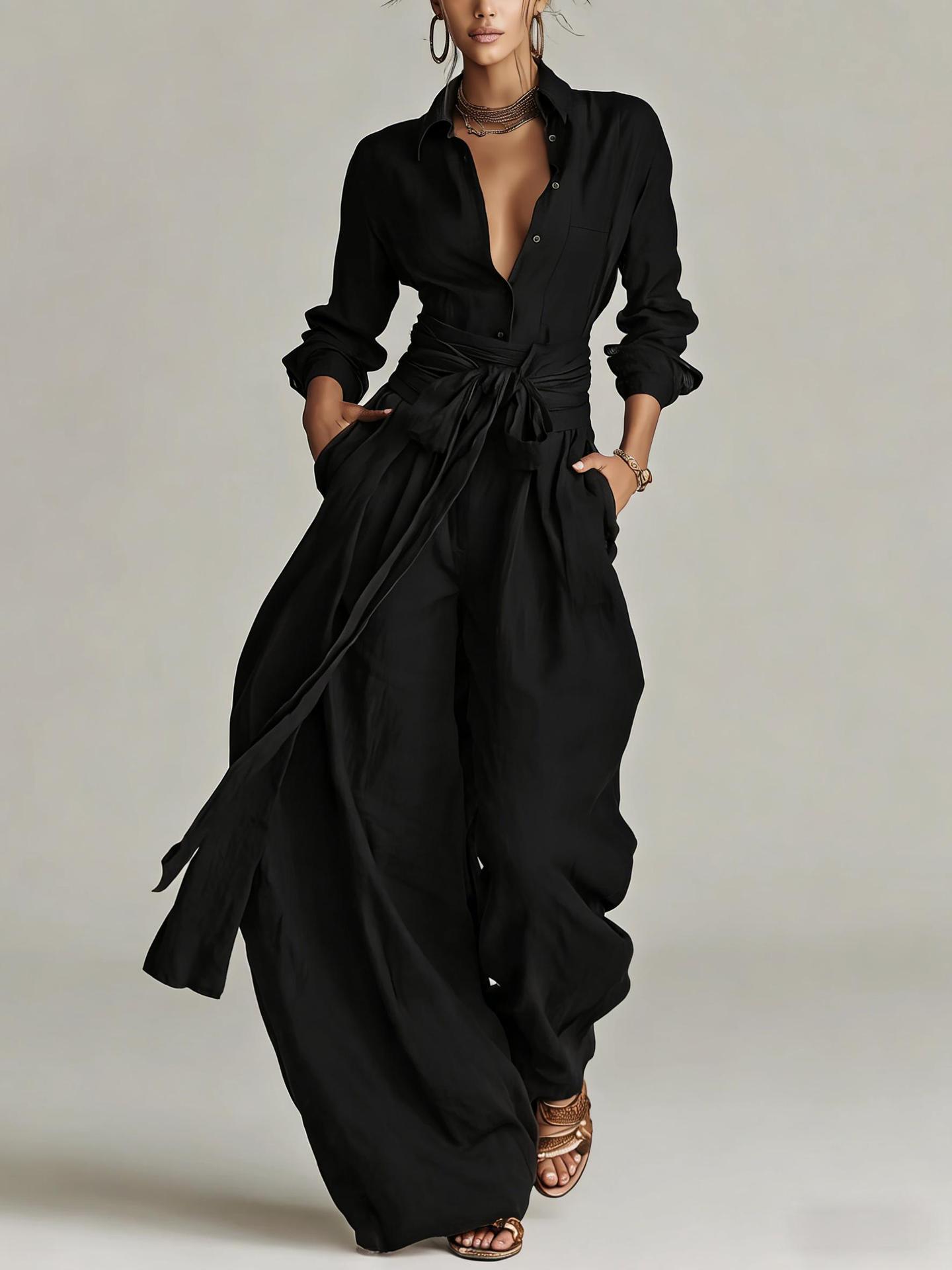 Women's Wide-Leg Cotton-Linen Belted Shirt-Collar Jumpsuit（Free shipping on this product.）
