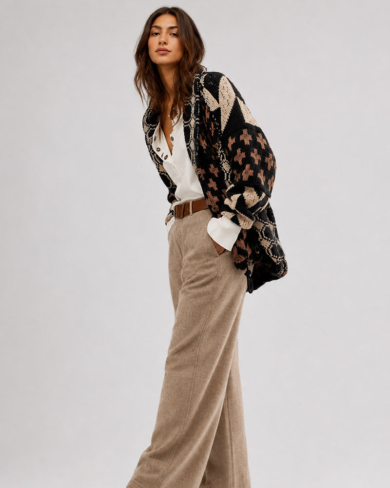 Oversized Graphic Button-Down Knit Cardigan