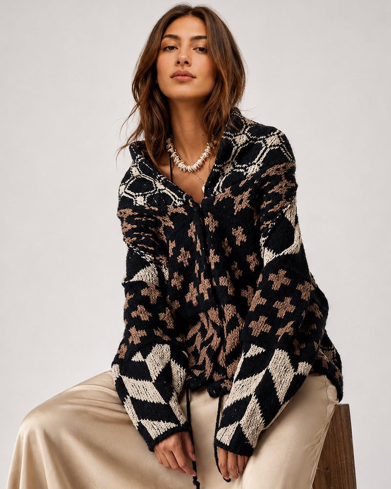 Oversized Graphic Button-Down Knit Cardigan