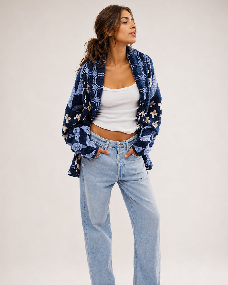 Oversized Graphic Button-Down Knit Cardigan