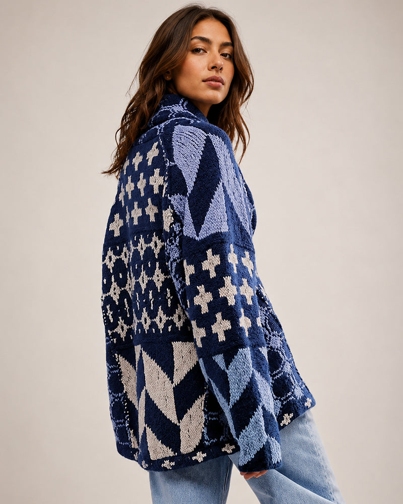 Oversized Graphic Button-Down Knit Cardigan