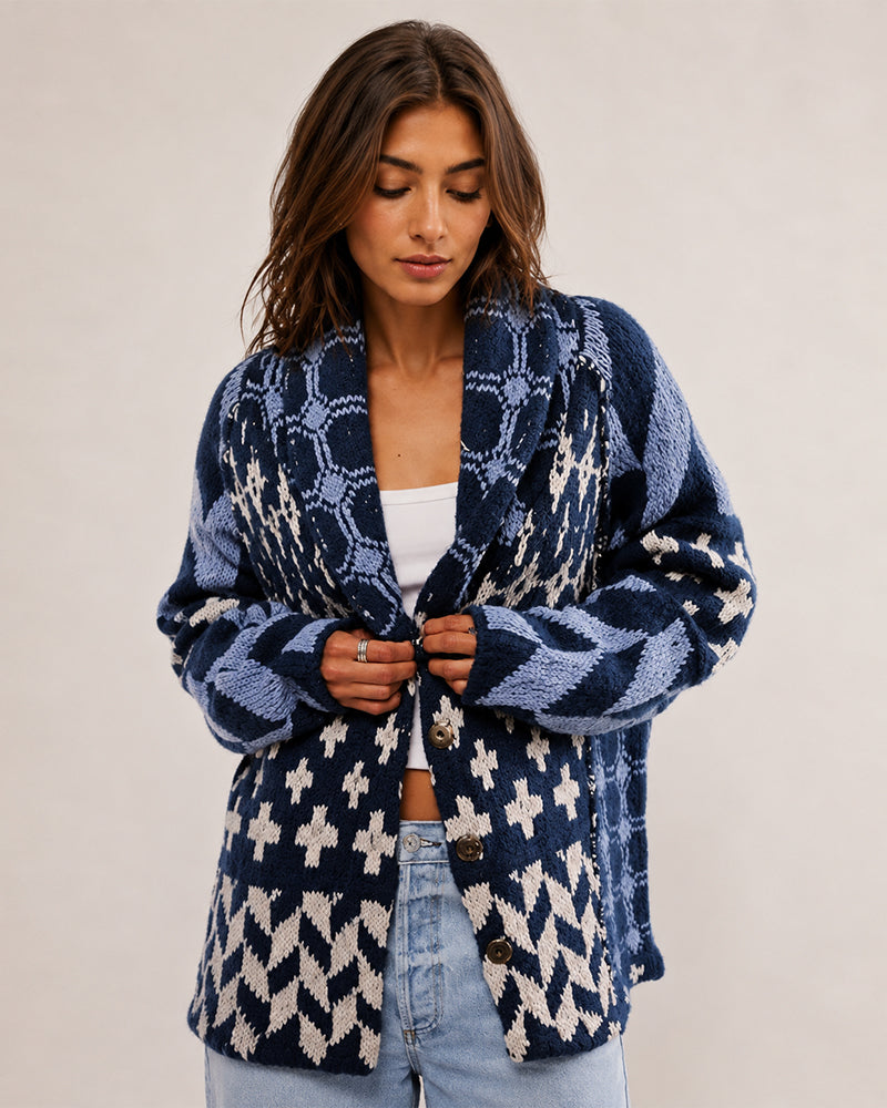 Oversized Graphic Button-Down Knit Cardigan