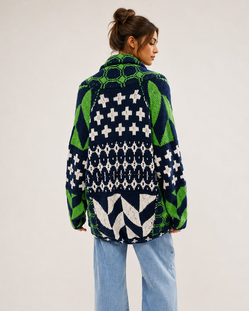 Oversized Graphic Button-Down Knit Cardigan