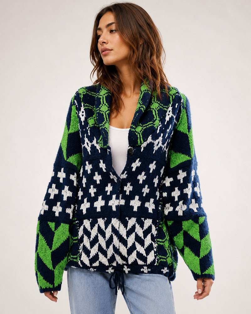 Oversized Graphic Button-Down Knit Cardigan