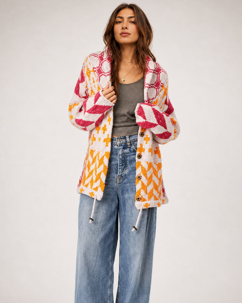 Oversized Graphic Button-Down Knit Cardigan
