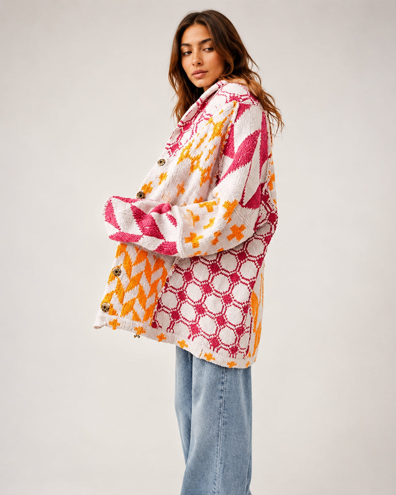 Oversized Graphic Button-Down Knit Cardigan
