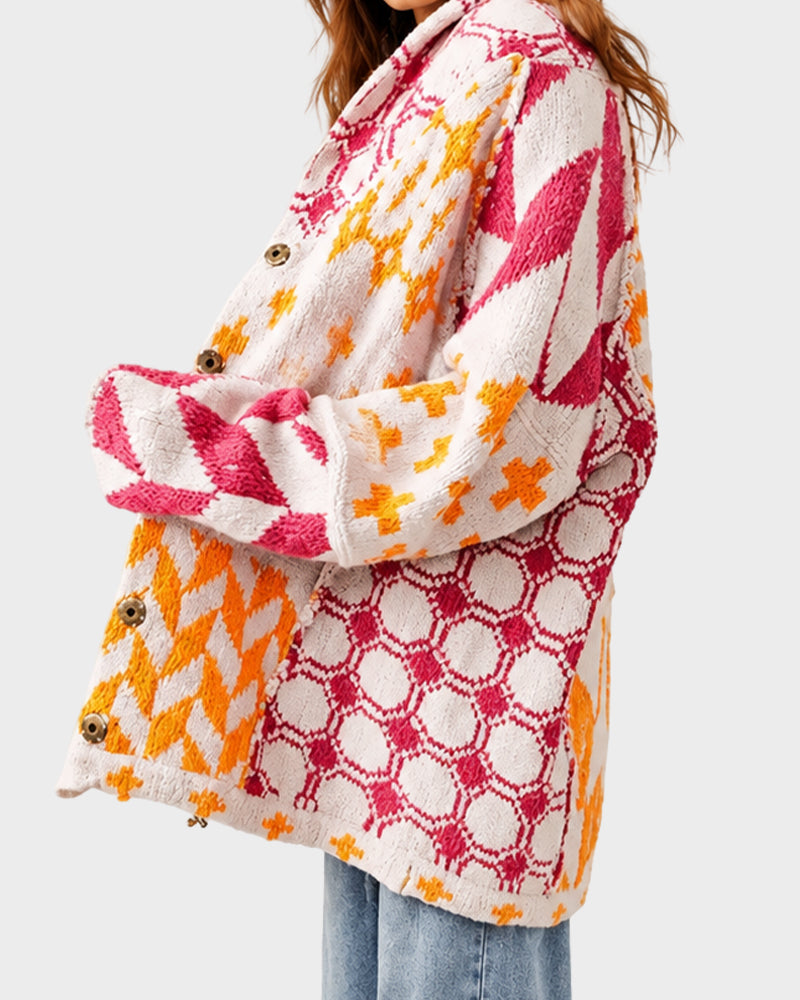 Oversized Graphic Button-Down Knit Cardigan