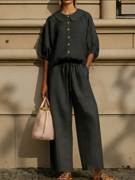 🎁New Arrivals 50% OFF🔥Stylish Peter Pan Collar Shirt And Wide-leg Pant Linen Two-piece Set