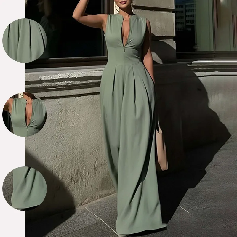 High Waisted Loose Pockets Solid Color Zipper V-Neck Jumpsuits