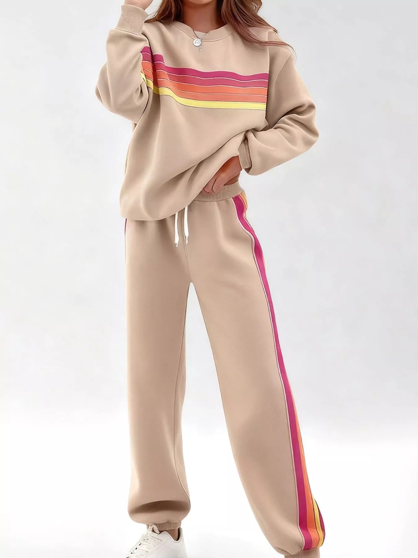 Blueberi B Striped Round Neck Sweatshirt and Pants Set - Cotton Blend - Available in S-2XL