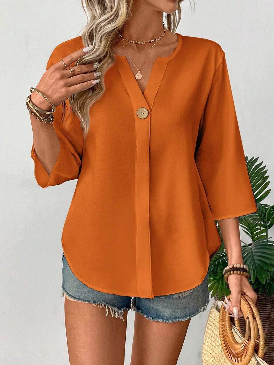 New women's summer loose solid color small V-neck casual shirt with buttons