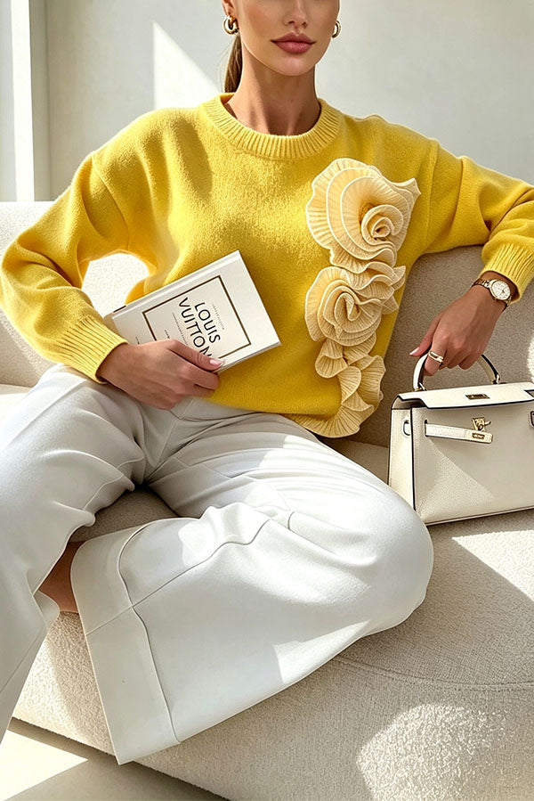 Casual Knit Three-dimensional Floral Pattern Round Neck Long Sleeve Sweater