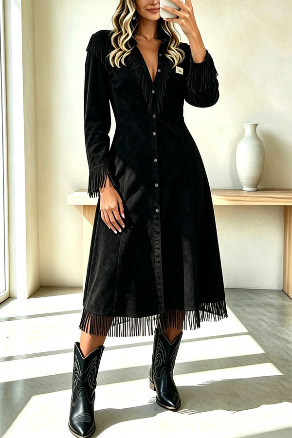 Western Cowboy Style Suede Tassel V-neck Button Long Sleeve Shirt Midi Dress