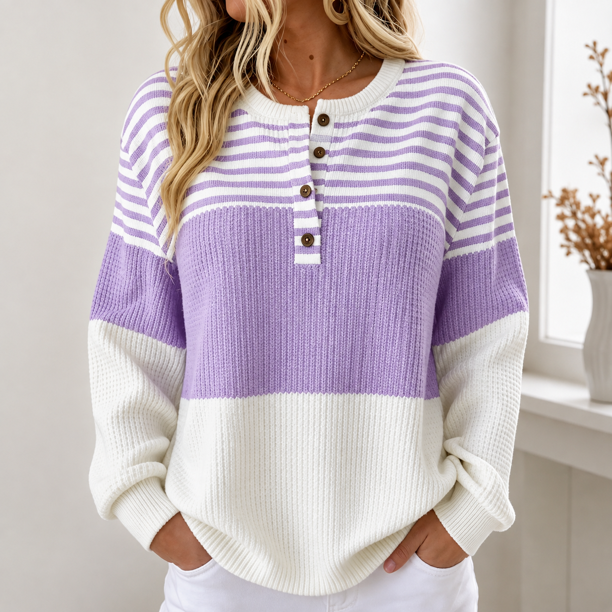 Women Striped Henley Collar Casual Spring/Fall Long Sleeve Sweatshirt