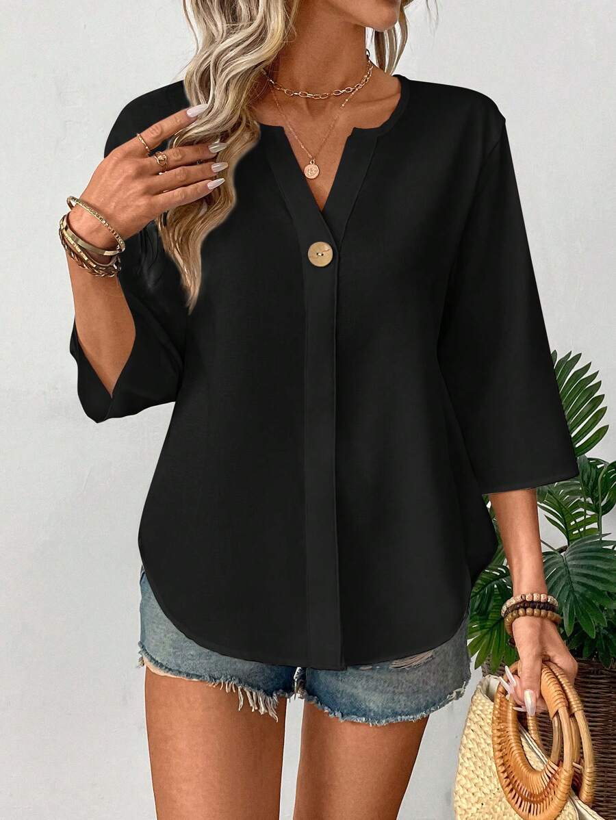 New women's summer loose solid color small V-neck casual shirt with buttons