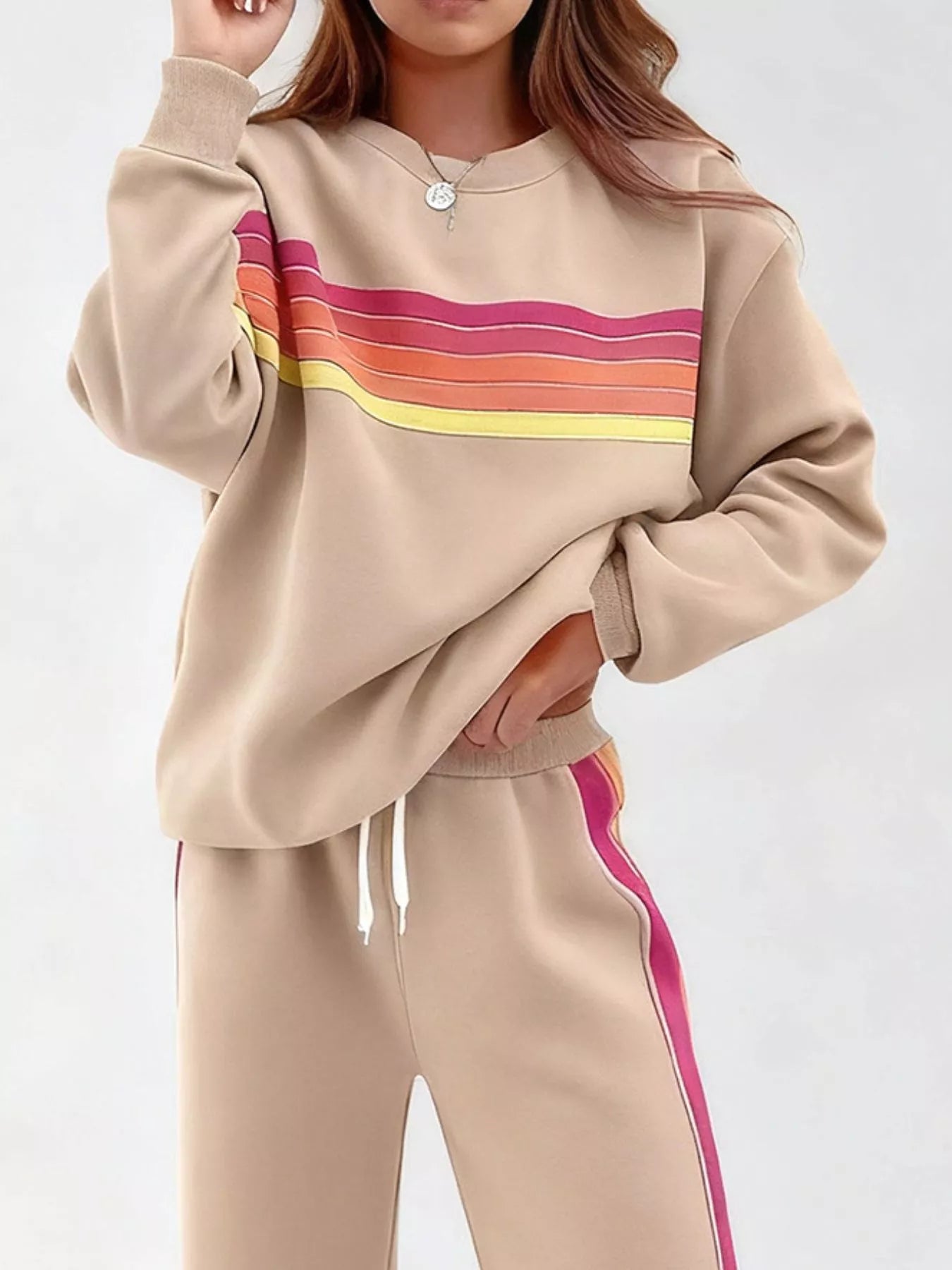 Blueberi B Striped Round Neck Sweatshirt and Pants Set - Cotton Blend - Available in S-2XL