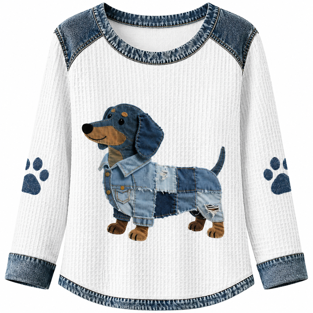 Women's Denim Patchwork Art Dachshund Dog Pattern V-neck Long Sleeve T-Shirt(These are all animals that Lily has helped❤️Buy 2 Get 10% OFF & Free Shipping🔥)