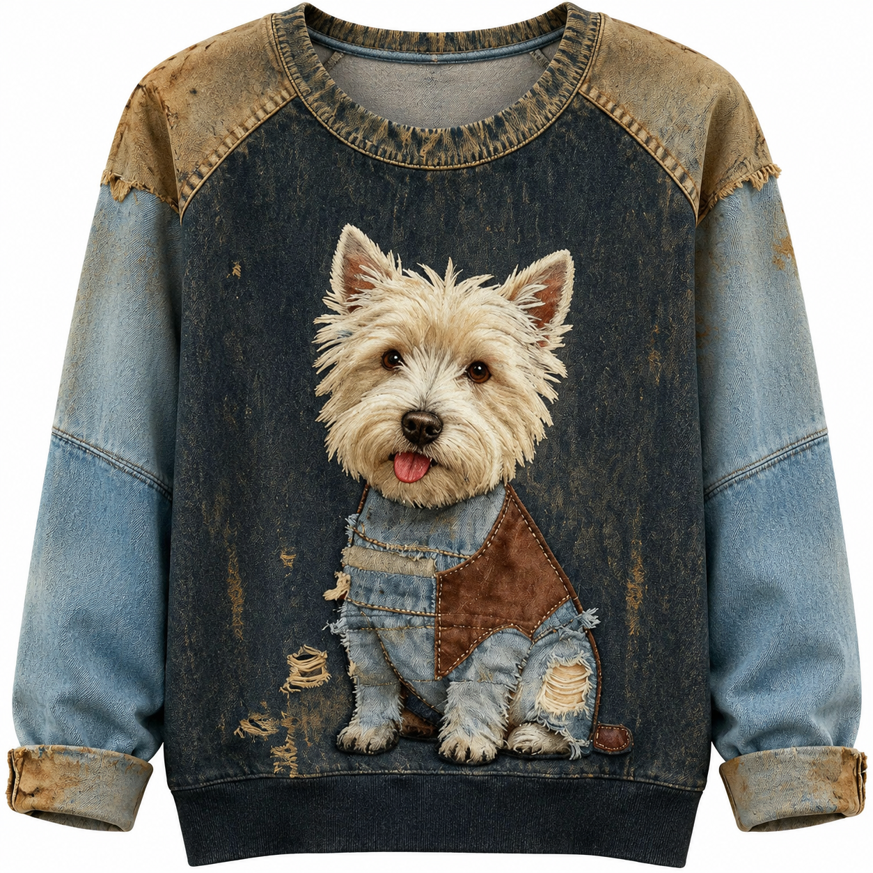 Women's Denim Patchwork Art Dachshund Dog Pattern V-neck Long Sleeve T-Shirt(These are all animals that Lily has helped❤️Buy 2 Get 10% OFF & Free Shipping🔥)