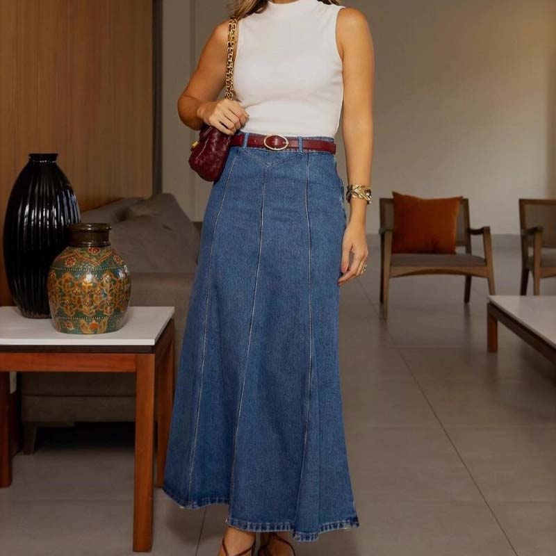 Women's High-Waist A-Line Denim Maxi Skirt