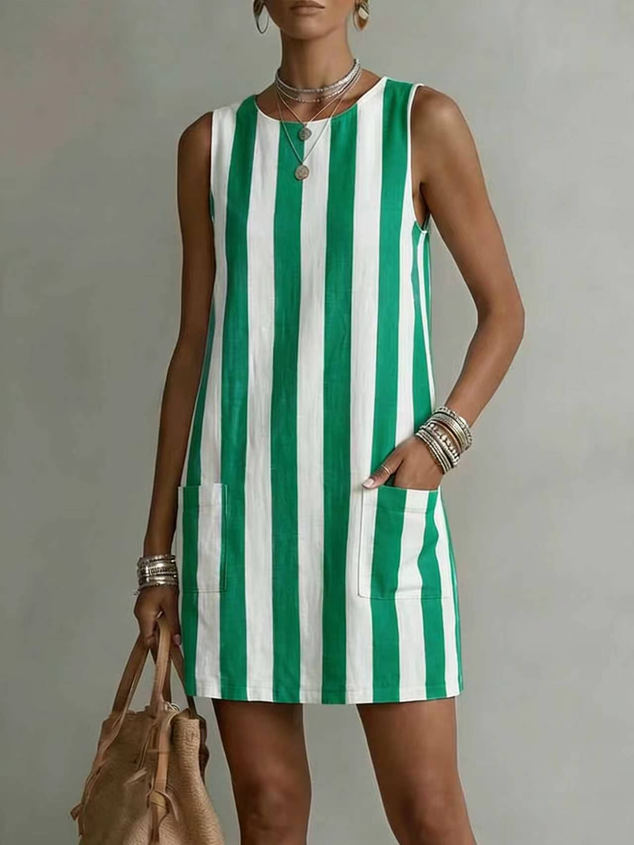 Women's striped sleeveless mini dress in light blue – color-block loose fit casual