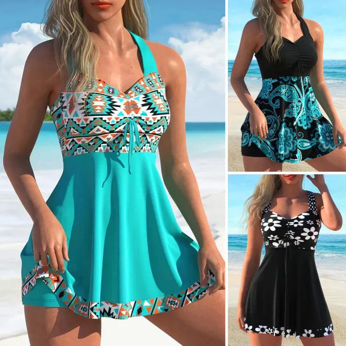 Women's Printed Sleeveless Swimdress with Built-In Shorts - V-Neck, Polyester, Multiple Prints, Beach And Pool Wear