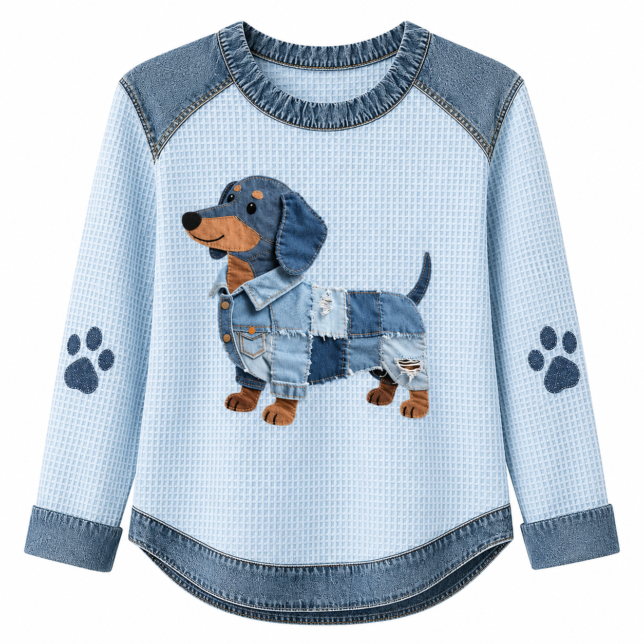 Women's Denim Patchwork Art Dachshund Dog Pattern V-neck Long Sleeve T-Shirt(These are all animals that Lily has helped❤️Buy 2 Get 10% OFF & Free Shipping🔥)