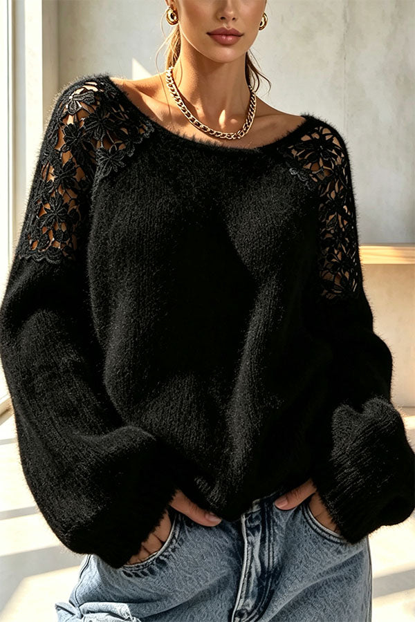 Faux Mink Knit Crochet Flowers Shoulder Wide Neck Long Sleeve Loose Sweater