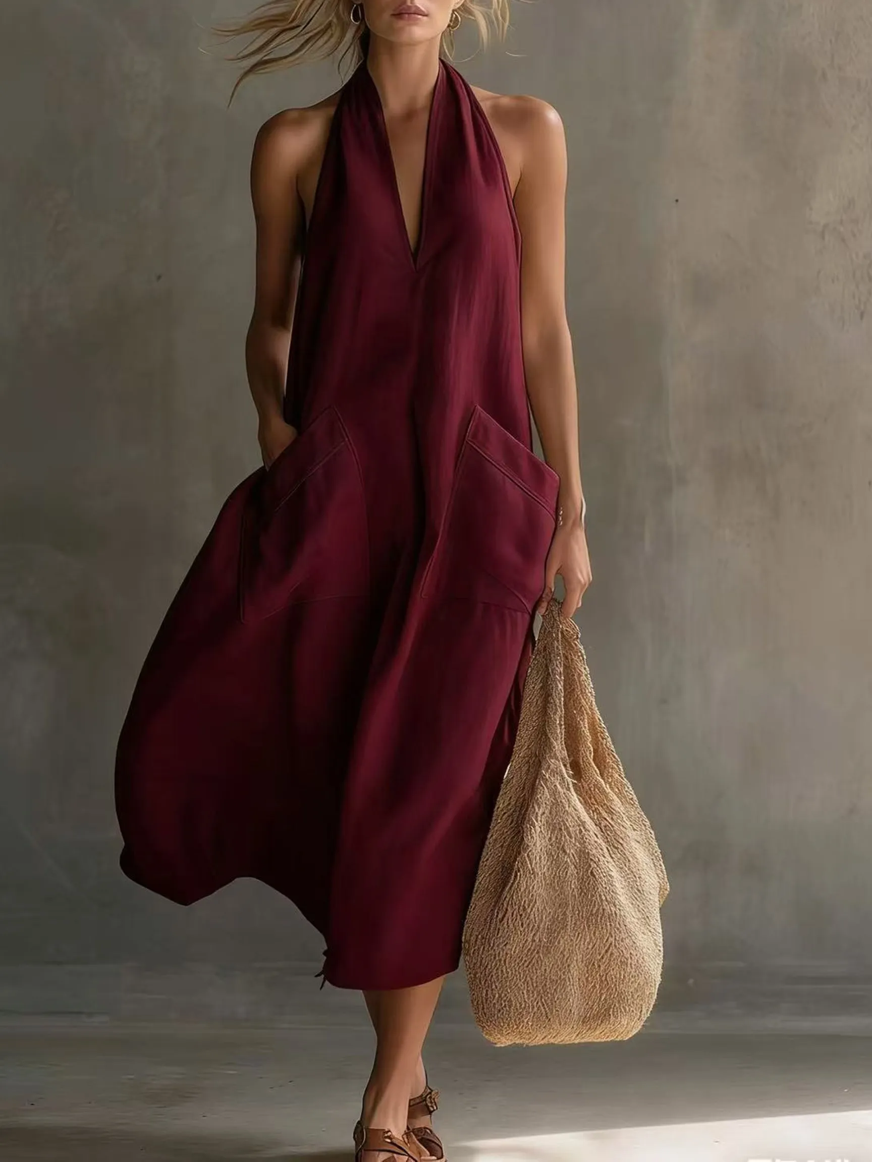 Women's Casual Halter V-Neck Midi Dress