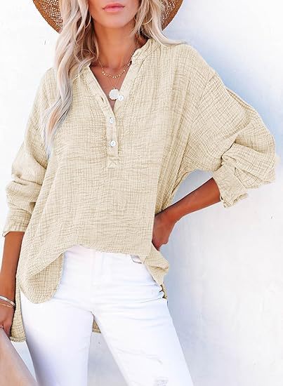 Womens Henley Shirts Casual Lightweight Sexy Button V-Neck Blouses Long Sleeve Loose Fitted Solid Color Tops