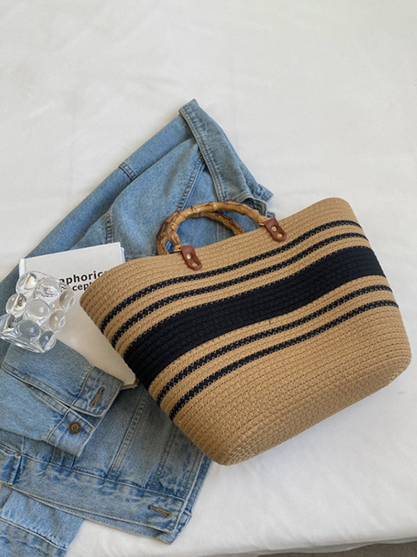 Striped handbags with a contrasting split-joint detail